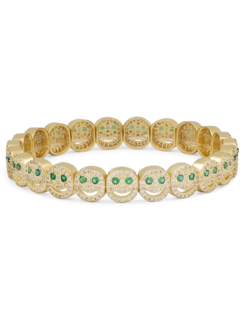 Gold Smiley Face Crystal Stretch Bracelet with Green Accents